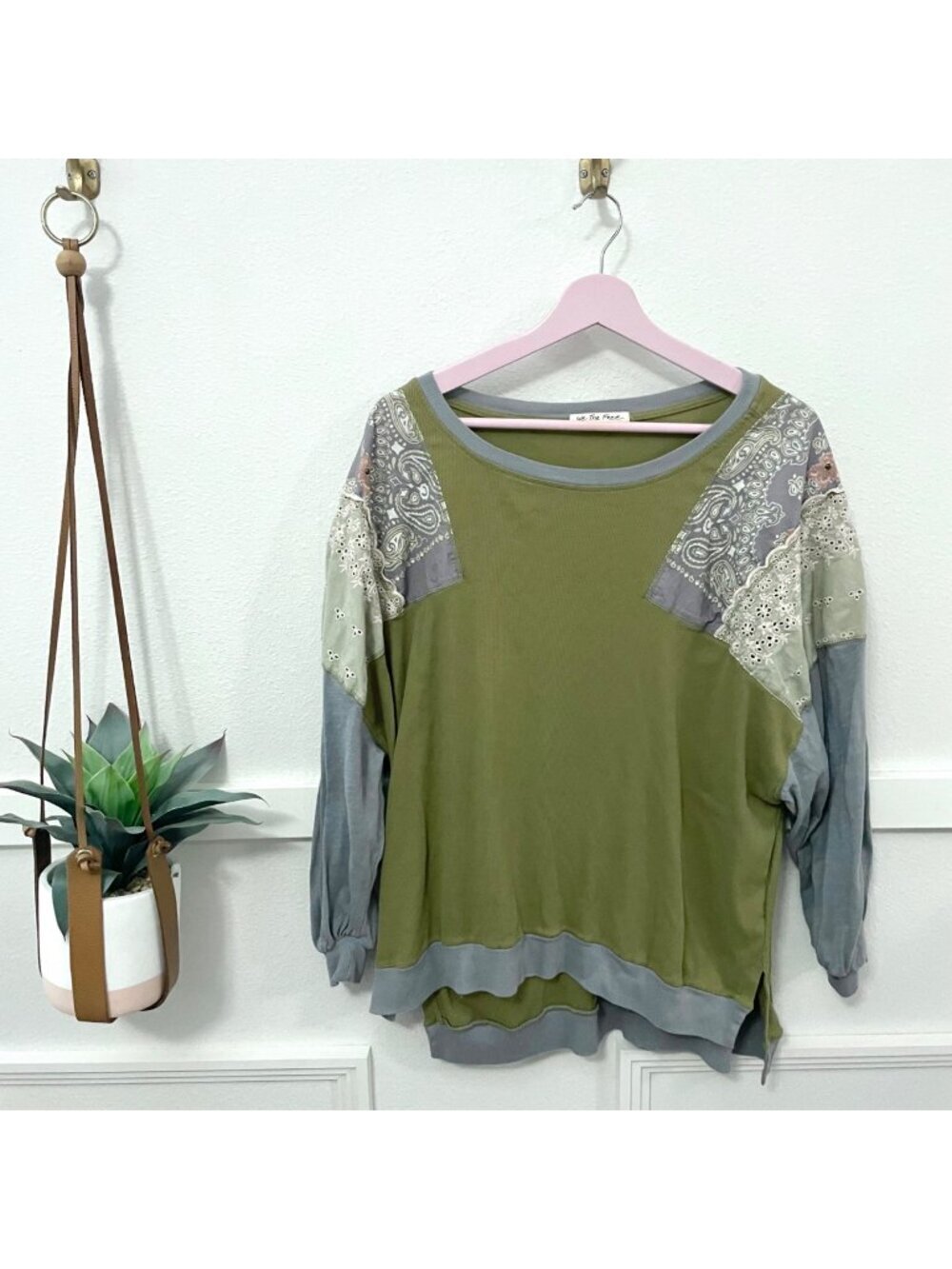 Free People We The Free Feelin It Tee Army Combo Patchwork Boho Oversize Top XS